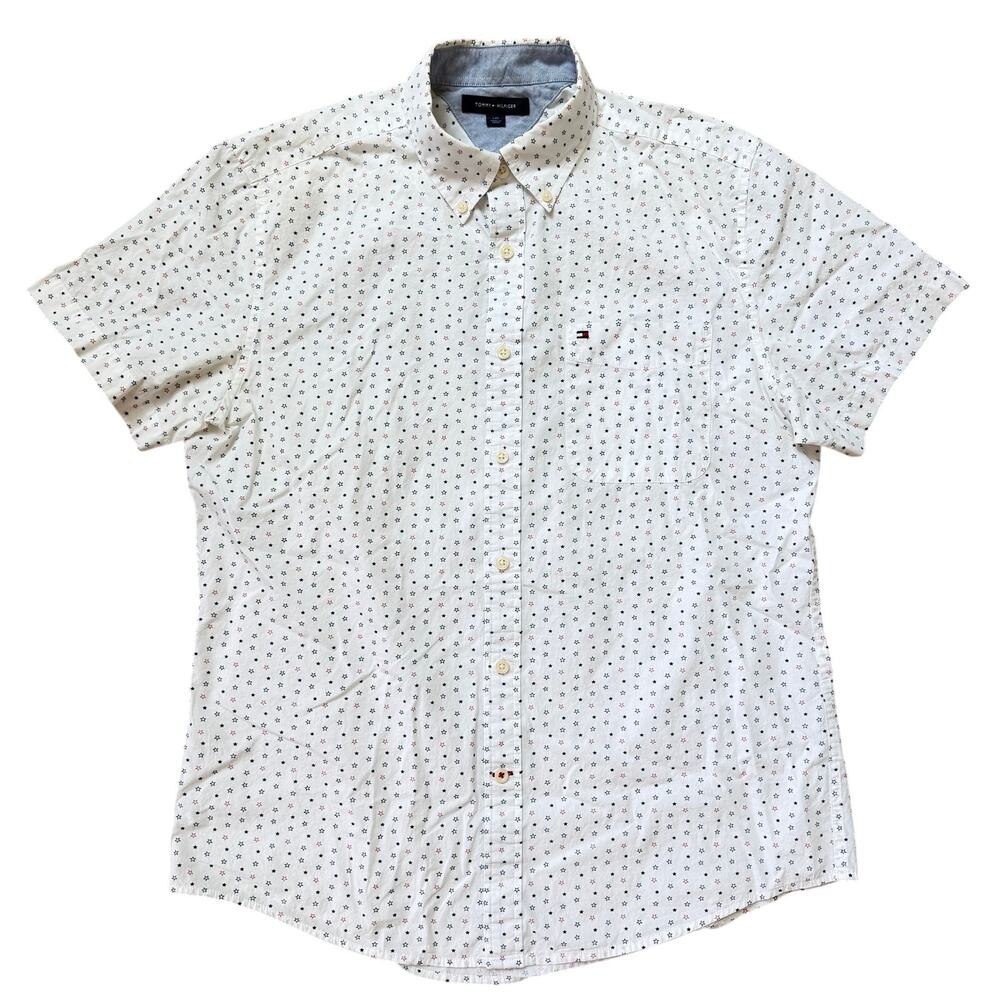 Tommy Hilfiger Red White Blue Star Print 100% Cotton Shirt Men’s Size Large